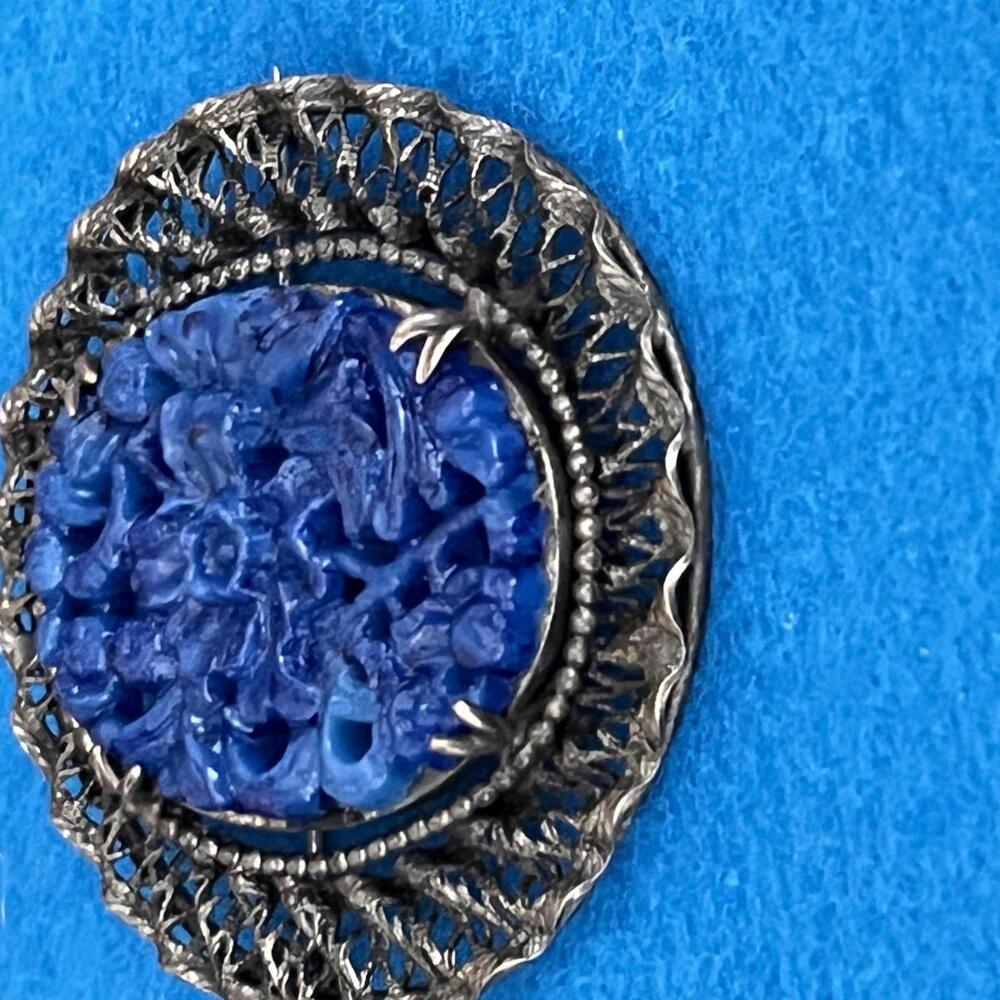 1960s Peking Blue Glass Japanned Oval Brooch - Picture 2 of 6